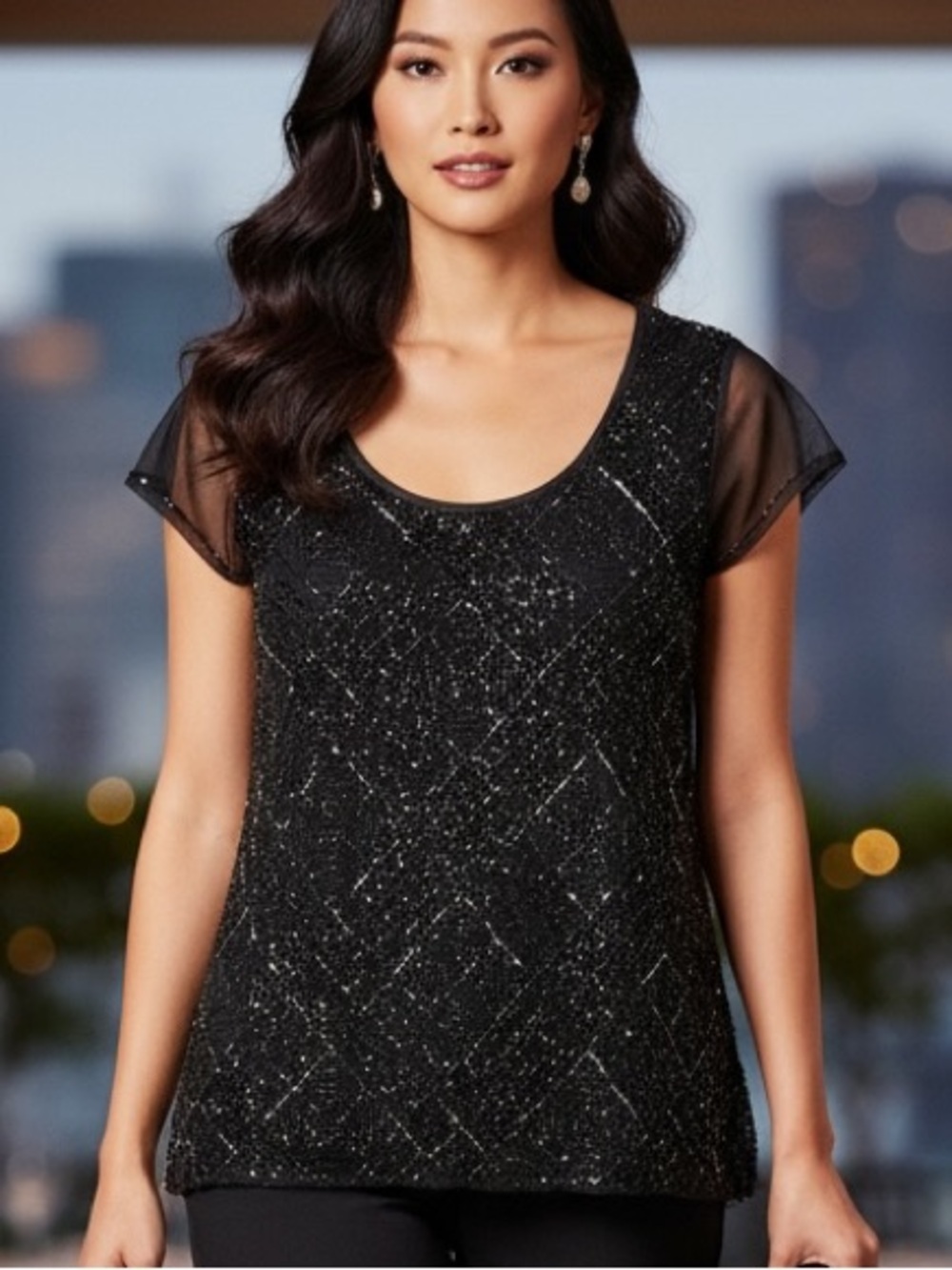VINTAGE Papell Boutique Black Beaded Scoop Neck Evening Top - Size XL